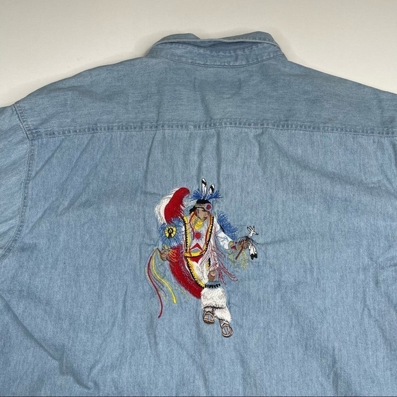 Vintage Native American Shirt Chambray Button Tribal Indigenous Blue Summer - Picture 4 of 12